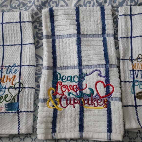Kitchen Towels 3 White/Blue Stripes Waffle Fabric Embroidered Multicolor Quotes - Picture 3 of 5